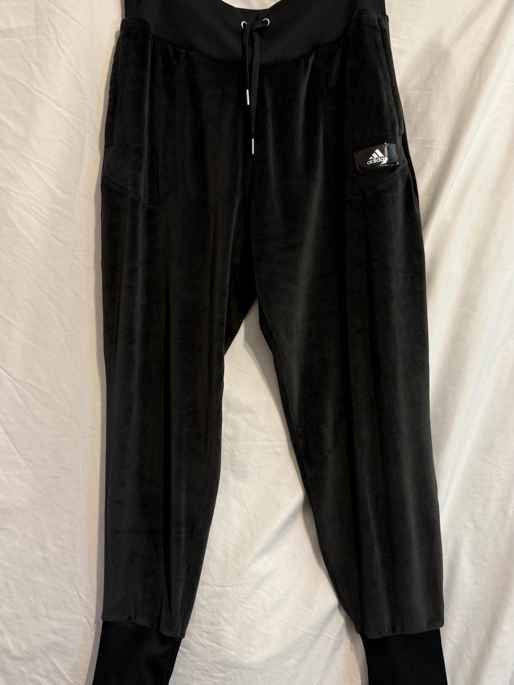 adidas Black Velour Track Joggers with Logo Patch